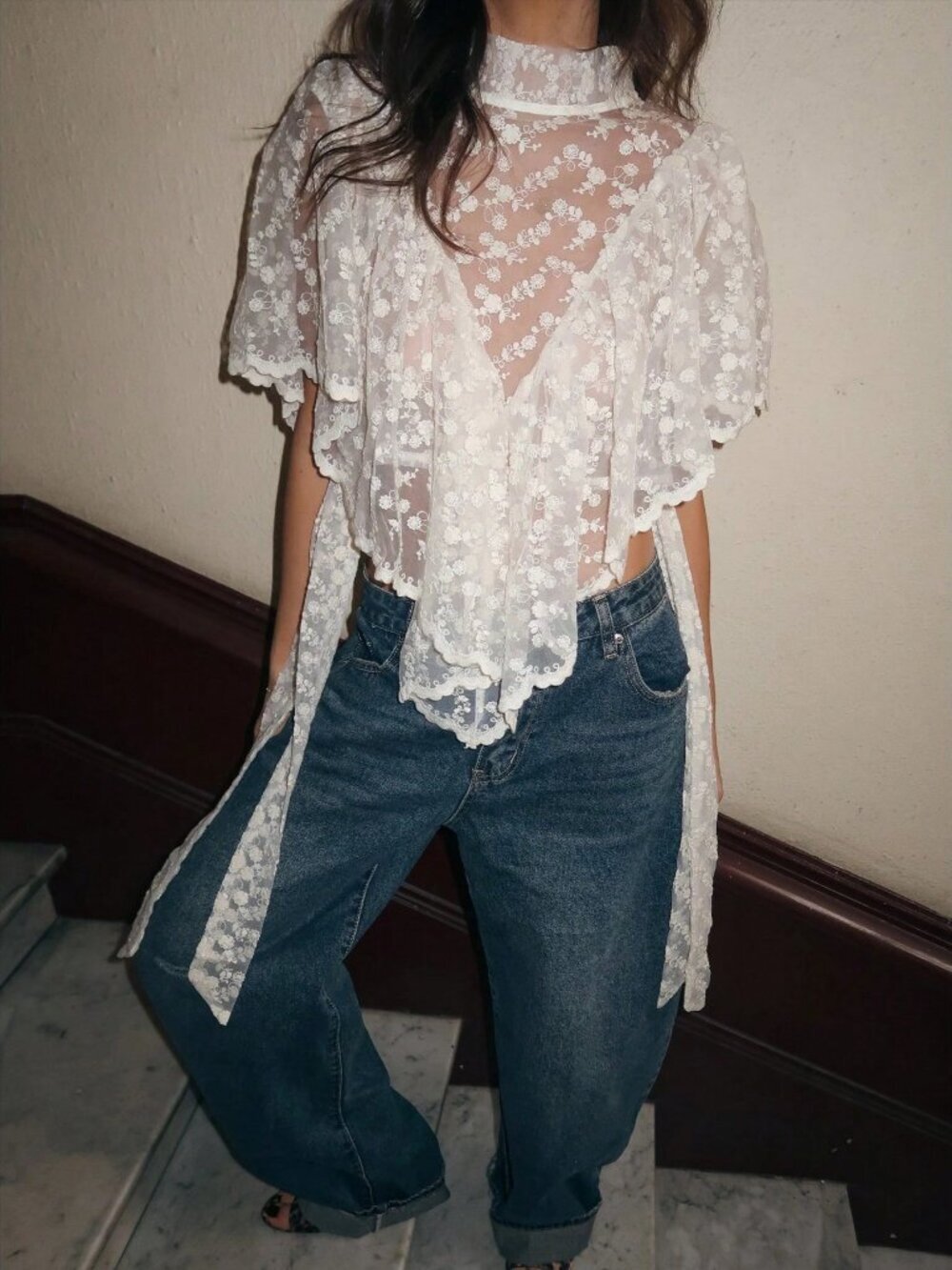 White Party Women's Boho Lace Mock Neck Batwing Sleeve Poncho Shirt